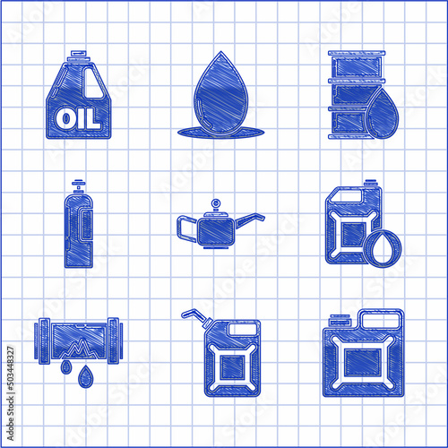 Set Canister for motor machine oil, gasoline, Broken metal pipe with leaking water, Industrial cylinder tank, Barrel and icon. Vector