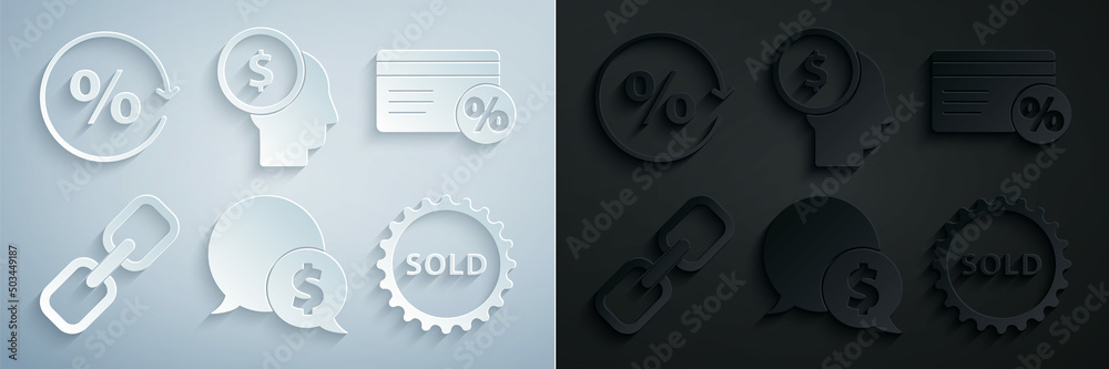 Set Speech bubble with dollar, Discount card percent, Chain link, Sold label, Business man planning mind and tag icon. Vector Set Speech bubble with dollar, Discount card percent, Chain link, Sold label, Business man planning mind and tag icon. Vector