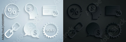 Set Speech bubble with dollar, Discount card percent, Chain link, Sold label, Business man planning mind and tag icon. Vector