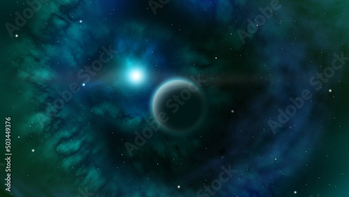 Space Art n°3 Gas giant exoplanet in a green blue nebula receving light from his blue dwarf sun (Illustration 3D)