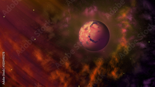 Space Art n°4 Telluric desert exoplanet in a purple orange nebula receving rays of light (Illustration 3D)
