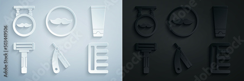 Set Straight razor, Cream lotion cosmetic tube, Shaving, Hairbrush, Mustache and Barbershop icon. Vector