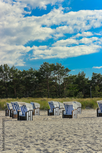 Sandy beach with traditional beach chairs at the Baltic Sea in Germany
