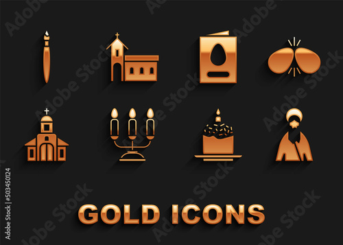 Set Candelabrum with candlesticks, Easter eggs, Jesus Christ, cake, Church building, Greeting card Happy, Paint brush and icon. Vector © Oksana