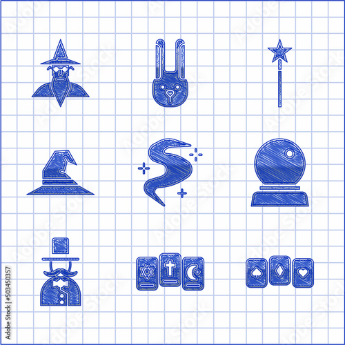 Set Magic fog or smoke, Three tarot cards, Playing, ball, Magician, Witch hat, wand and Wizard warlock icon. Vector