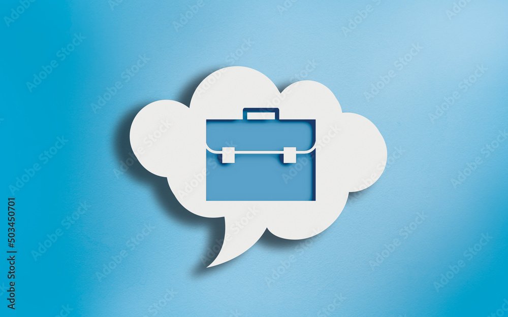 Briefcase Icon in White Cloud Speech Bubble on Blue Briefcase Icon in White Cloud Speech Bubble on Blue