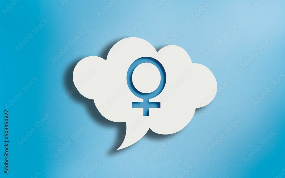 Female Gender Icon in White Cloud Speech Bubble on Blue Female Gender Icon in White Cloud Speech Bubble on Blue