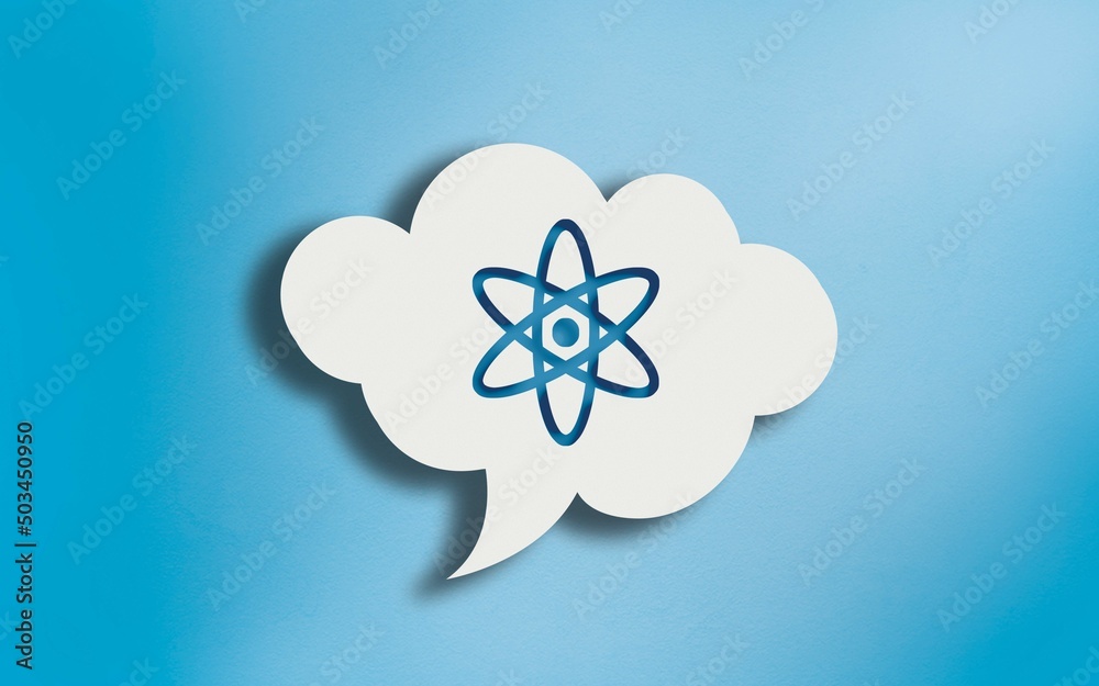 Atomic Whirl Symbol in White Cloud Speech Bubble on Blue Atomic Whirl Symbol in White Cloud Speech Bubble on Blue