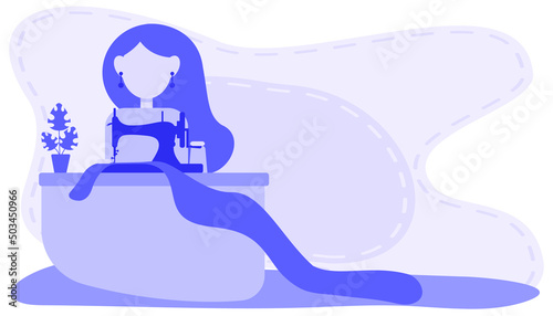 sew tailor sewing machine fabric girl on the chair blue illustration crafts hobby business