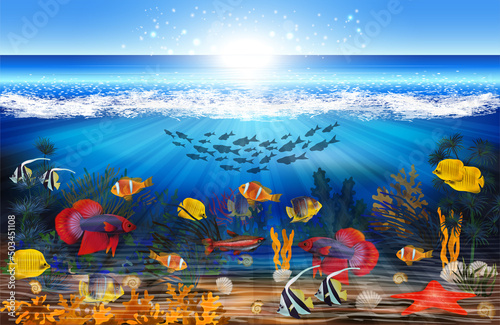Underwater wallpaper with tropical fish and algae. vector illustration