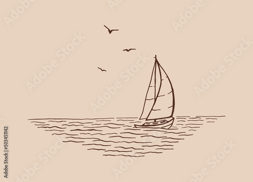 Seascape. Landscape, sea, sailboat, seagulls. Hand drawn illustration converted to vector.