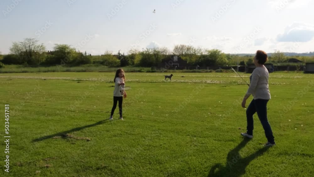 Grandmother and granddaughter having fun at spring day, playing badminton on green field. 4K video. Backlighting. Grandmother and granddaughter having fun at spring day, playing badminton on green field. 4K video. Backlighting.