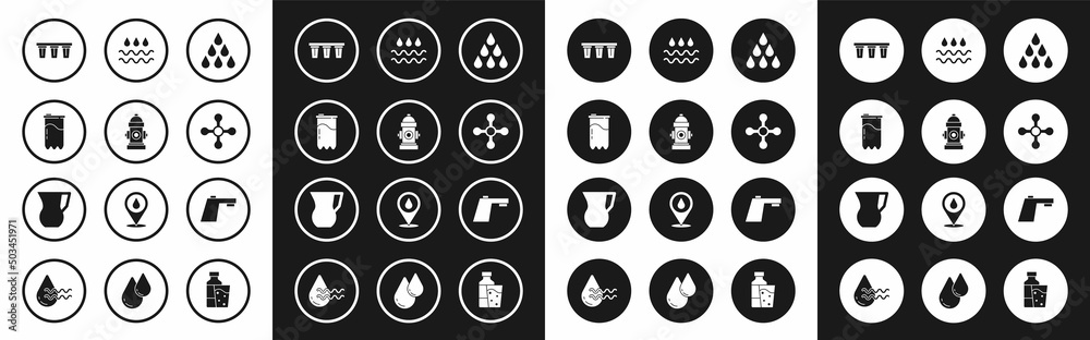 Set Water drop, Fire hydrant, filter cartridge, tap, Wave with water, and Jug glass icon. Vector - obrazy, fototapety, plakaty 