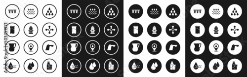 Set Water drop, Fire hydrant, filter cartridge, tap, Wave with water, and Jug glass icon. Vector