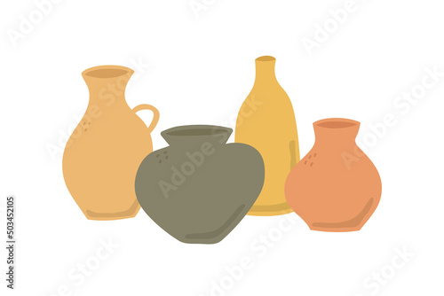 Set of hand drawn colorful vases. Doodle clay pottery collection. Isolated vector illustration 
