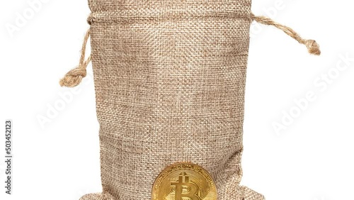 bags with currency, rub  and bitcoin coin, on white background, isolate