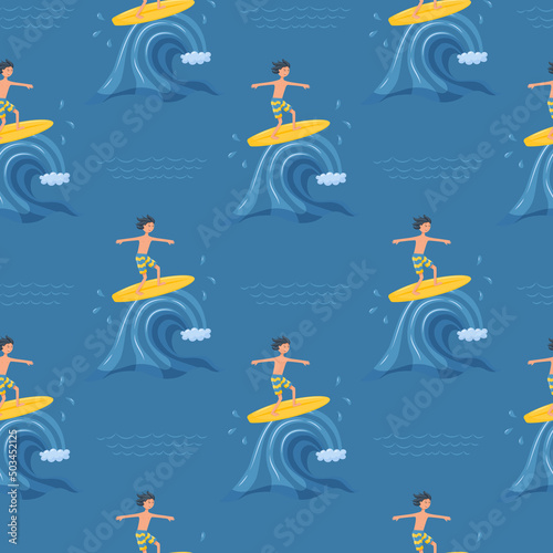 Seamless pattern with a surfer boy riding a wave. Active summer sports, entertainment. Sea, ocean wave. For summer clothes, towels, beach accessories. Vector illustration on a dark blue background.
