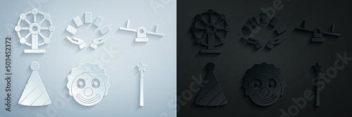 Set Clown head, Seesaw, Party hat, Magic wand, Hand holding playing cards and Ferris wheel icon. Vector