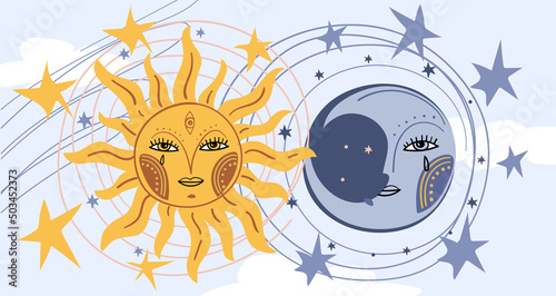 Daytime blue sky background, sun face symbol and moon face. Magic banner for astrology with stars. Celestial card for zodiac, tarot, mystical universe, astrology. Esoteric wallpaper vector