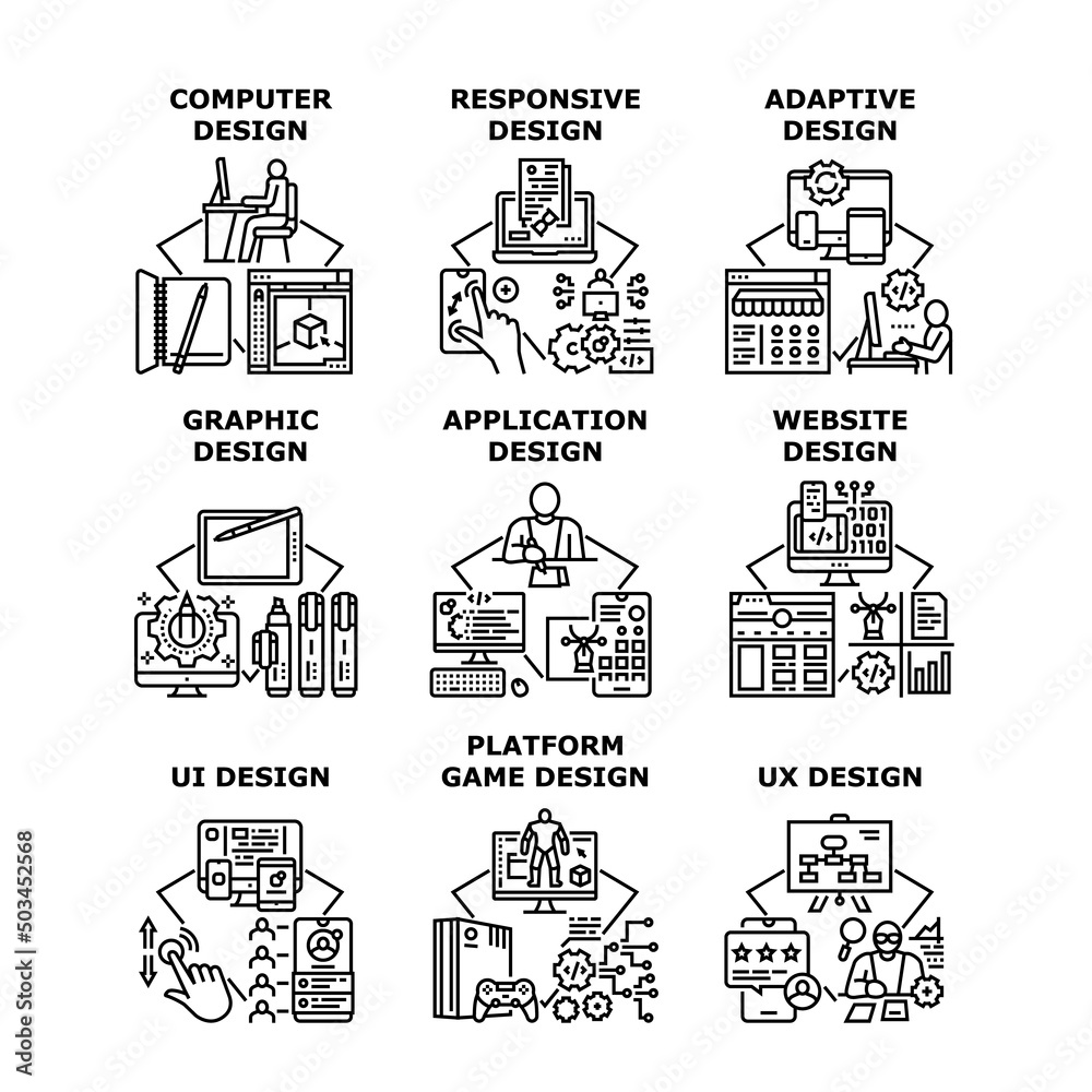 Obraz premium Graphic Design Set Icons Vector Illustrations. Graphic Design And Platform Game, Smartphone Application And Computer Software, Ui And Ux, Responsive And Adaptive Black Illustration