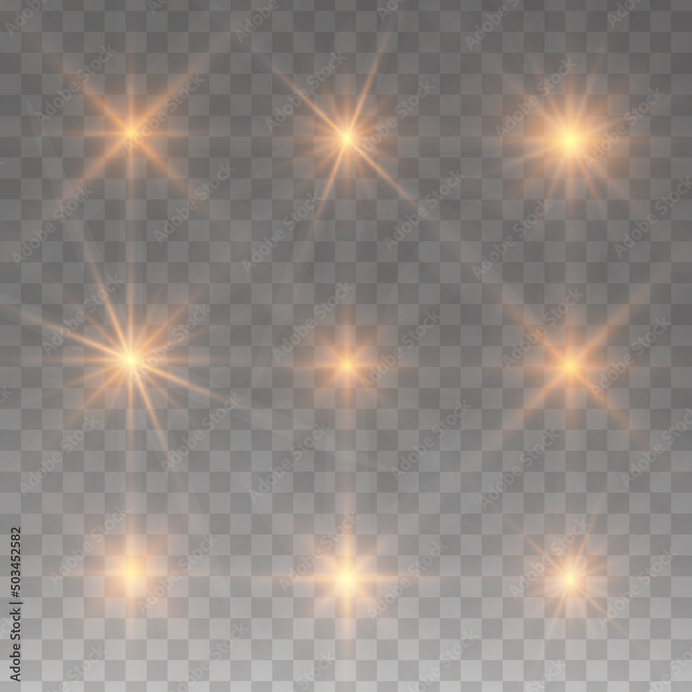 Set of glowing light stars with sparkles. Transparent shining sun, star explodes and bright flash. Gold bright illustration starburst. Set of glowing light stars with sparkles. Transparent shining sun, star explodes and bright flash. Gold bright illustration starburst.
