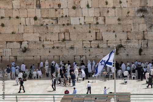 Western wall or Wailing wall in Jerusalem Israel: 22 April, 2022. Jewish pray at the Western Wall. photo