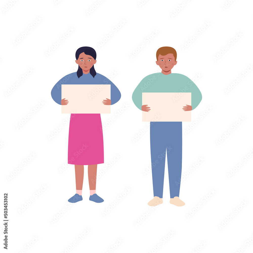 Boy and girl with posters in their hands. Flat vector illustration.