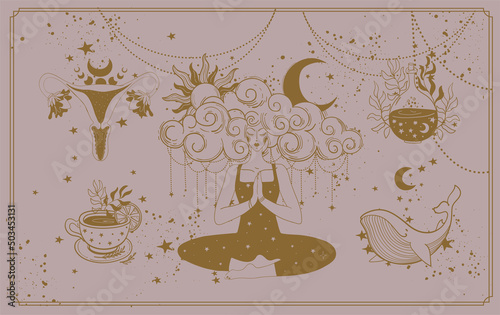 Meditating boho woman banner. Mystical girl practices yoga, whale symbol, uterus, potion, sun and moon. Witch magical symbols card, esoteric poster, female power and balance. Hand drawn vector