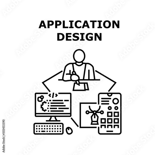 Application Design Vector Icon Concept. Application Design Planning And Developing Designer At Workplace, Painting Mockup On Paper List And Develop On Computer. App Designing Black Illustration