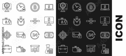 Set line Calculator with money bag, Cryptocurrency coin Bitcoin, Stopwatch, Closed wallet lock, pound sterling and Business hierarchy organogram chart infographics icon. Vector