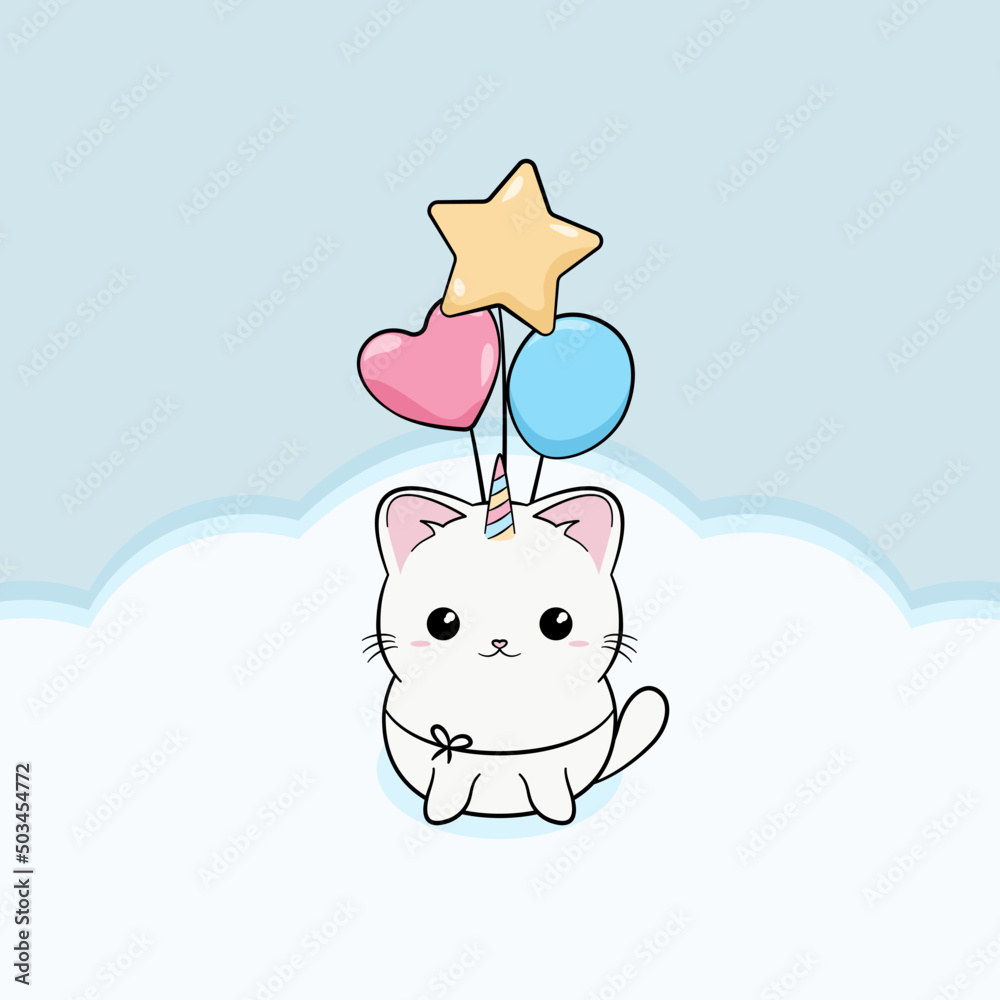 Ręcznie rysowany mały biały kotek z rogiem jednorożca na jasnym niebieskim tle. Kot i kolorowe baloniki. Wektorowa ilustracja zadowolonego, siedzącego kota. Słodki, uroczy zwierzak.	 - obrazy, fototapety, plakaty 