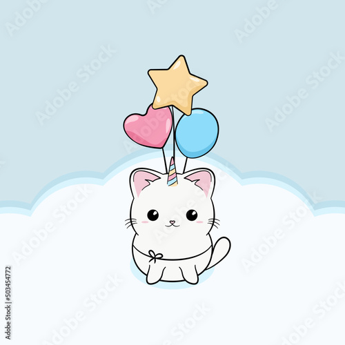 Ręcznie rysowany mały biały kotek z rogiem jednorożca na jasnym niebieskim tle. Kot i kolorowe baloniki. Wektorowa ilustracja zadowolonego, siedzącego kota. Słodki, uroczy zwierzak.	