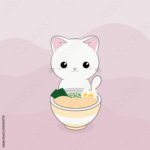 Uroczy biały kot siedzący przed miską z zupą. Mały kotek i ramen. Wektorowa ilustracja.
