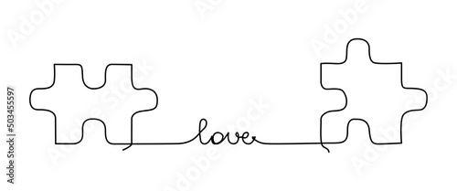 Two jigsaw puzzle pieces connected with one line and a heart. Continuous line drawing for relationship concept or dating