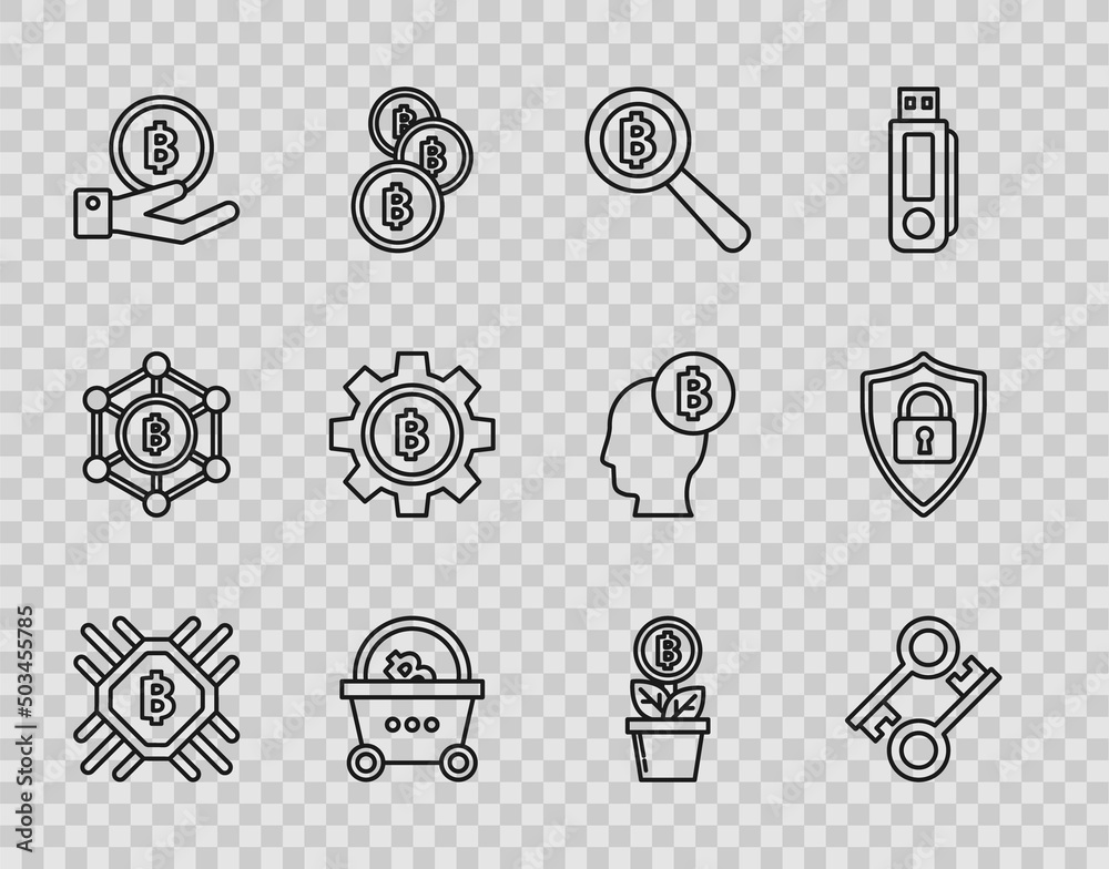 Set line CPU mining farm, Cryptocurrency key, Magnifying glass with Bitcoin, Shopping basket bitcoin, Hand holding, plant the pot and Shield security lock icon. Vector