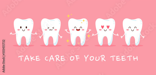 Cute teeth poster with happy cartoon characters, flat vector illustration on pink background.