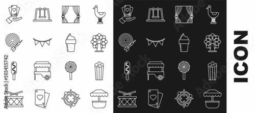 Set line Attraction carousel, Popcorn in cardboard box, Ferris wheel, Curtain, Carnival garland with flags, Classic dart arrow, Hand holding playing cards and Ice cream waffle cone icon. Vector