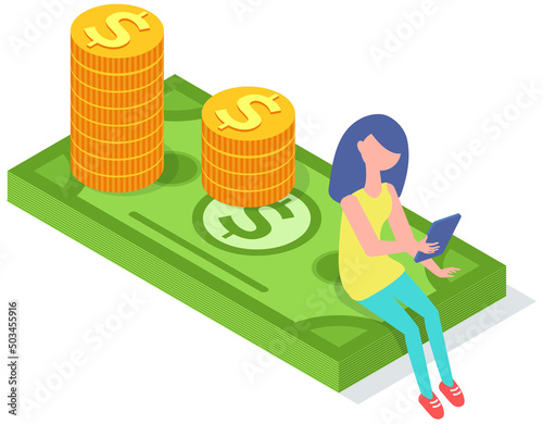 Young woman uses tablet or smartphone for chatting and surfing Internet, to make money. Girl sitting on pile of dollar bills with phone in hands. Social networks, user profile in media, modern gadget