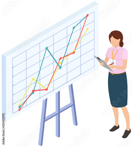 Analytics and development statistics. Web analysis measure, product testing technology. Woman analyses digital report. Statistical indicators and data on diagram. Graphic information visualization