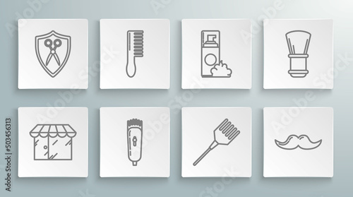Set line Barbershop building, Hairbrush, Electrical hair clipper or shaver, Mustache, Shaving gel foam, and Scissors hairdresser and shield icon. Vector