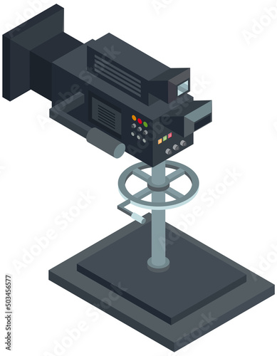 Equipment for filming, movie creation. Professional camera for shooting video in film studio. Element of cinematograph. Camcorder on tripod for shooting film on set. Camera with lens for movie