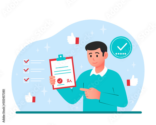 Product quality concept. Guy with tablet in hand stands and points to icon. Award for product that successfully passed inspections. Businessman with certificate. Cartoon flat vector illustration