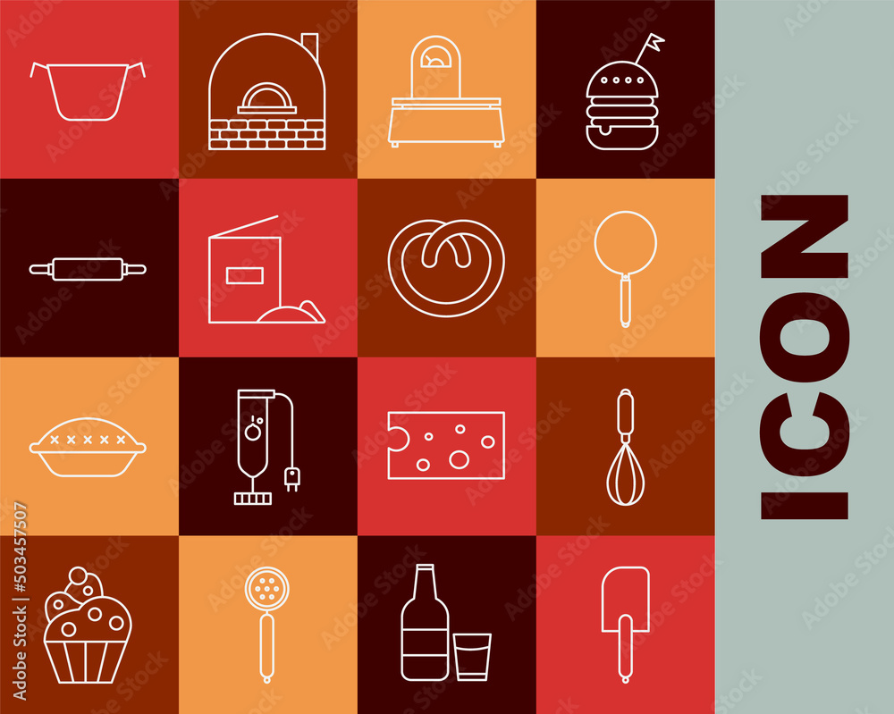 Set line Spatula, Kitchen whisk, Frying pan, Scales, Flour pack, Rolling pin, Cooking pot and Pretzel icon. Vector Set line Spatula, Kitchen whisk, Frying pan, Scales, Flour pack, Rolling pin, Cooking pot and Pretzel icon. Vector