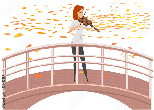 Musician playing violin. Girl violinist play classical musical instrument stands in autumn park on bridge. Vector illustration street musician passionate about music and notes isolated on white