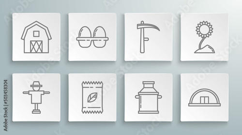 Set line Scarecrow, Chicken egg in box, A pack full of seeds of specific plant, Can container for milk, Hangar, Scythe, Sunflower and Farm House concept icon. Vector