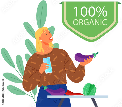Organic logo for products, agricultural shops, packaging and advertising. Woman advertising natural fresh food. Healthy food, proper nutrition, eating fruits and vegetables. Diet, weight loss concept