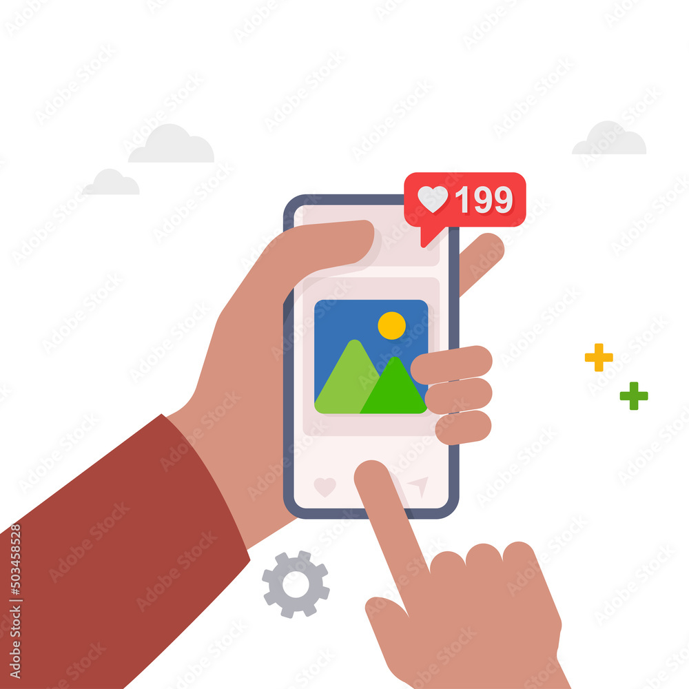 Hand holding smartphone with social media app. Post on social network illustration. Hand holding smartphone with social media app. Post on social network illustration.