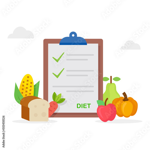 Healthy food and diet planning with dish and cutlery illustration.