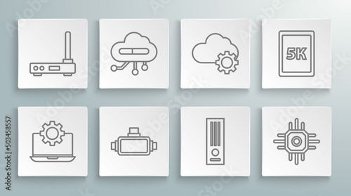 Set line Laptop and gear, Internet of things, Virtual reality glasses, Video game console, Processor, Cloud technology data transfer storage, Tablet with text 5k and Router wi-fi signal icon. Vector