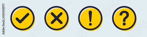 Set of check mark, cross mark, exclamation mark, question mark in yellow color. Checkmark checklist vector illustration.
